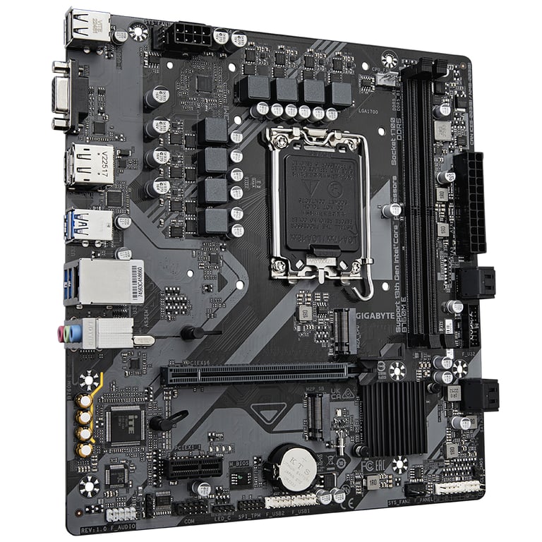 GIGABYTE B760M E Carte mère Compatible avec les processeurs Intel Core 14? génération VRM 6+1+1 phases jusqu'à 7200 MHz DDR5 OC 2xPCIe 4.0 .2 LAN 1 GbE USB 3.2 Gen 1 Neuf - vue 3