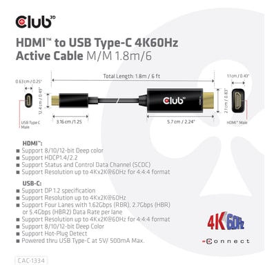 CLUB3D CAC-1334 cavo video e adattatore 1,8 m HDMI tipo A (standard) USB tipo C