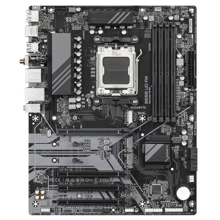 GIGABYTE B650 UD AX Placa Base - Compatible con CPUs AMD Ryzen Serie 9000, VRM de 6+2+2 fases, hasta 7600MHz DDR5 (OC), 1x PCIe 5.0 + 2x PCIe 4.0 M.2, LAN GbE, Wi-Fi 6, USB 3.2 Gen 2