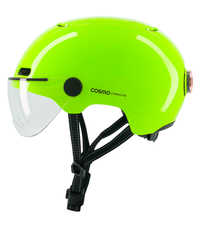 Cosmo Fusion+ Taille M, Jaune Fluo - Casque avec éclairage Vélo Arrière Intelligent et Connecté - Feu Stop Automatique, Détection de Chute, Partage de trajet, Assurance Individuelle ALLIANZ offerte durant 1 an - Neuf