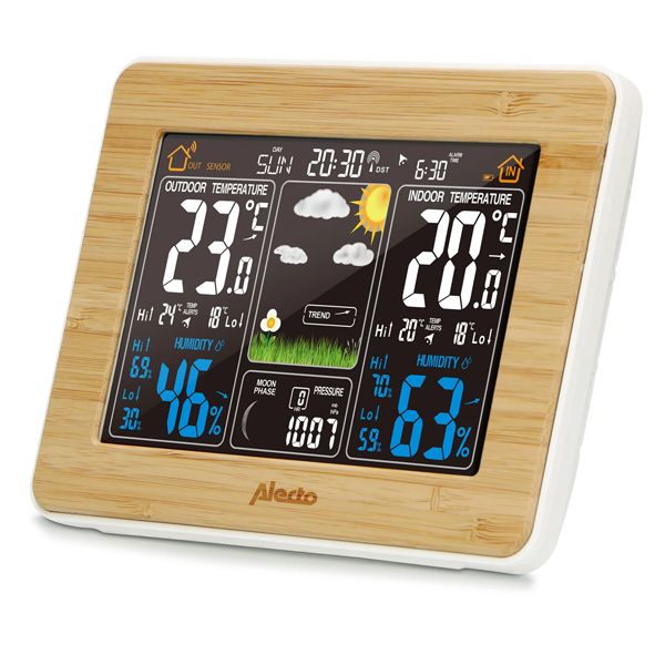 NEDIS Alecto WS-1560 Station météo 3-en-1 avec capteur extérieur sans fil 100 m Cadre bambou Blanc écran LCD 5,7  - Neuf