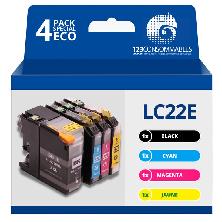 123CONSOMMABLES LC 22E Pack 4 cartouches compatibles avec BROTHER MFC J5920DW LC22E 1 / 1 Cyan / 1 / 1 Jaune Neuf