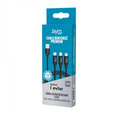 Jaym - Cable Premium 1,5 m - USB-A vers 3 Sorties : Lightning, Type-C et Micro USB - Garanti à Vie - Ultra renforcé - Longueur 1,5 mètres