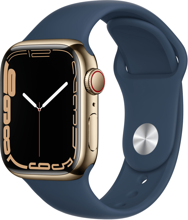 Watch Series 7 GPS + Cellular, Boîtier en Acier Inoxydable Or de 41 mm, Bracelet Sport Bleu