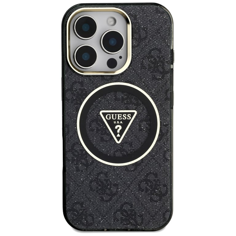 Étui Guess IML Metal Glitter 4G Circle Triangle MagSafe pour iPhone 16 Pro noir - Neuf