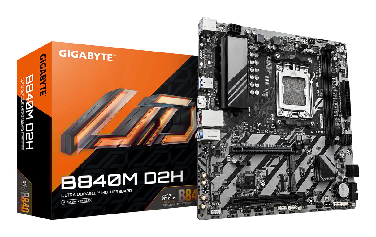 GIGABYTE B840M D2H Carte mère Processeurs AMD Ryzen 9000 VRM 5+2+2 phases jusqu'à 7600 MHz DDR5 1xPCIe 4.0 + 1xPCIe 3.0 .2 LAN 2.5GbE USB 3.2 Gen 1 Neuf