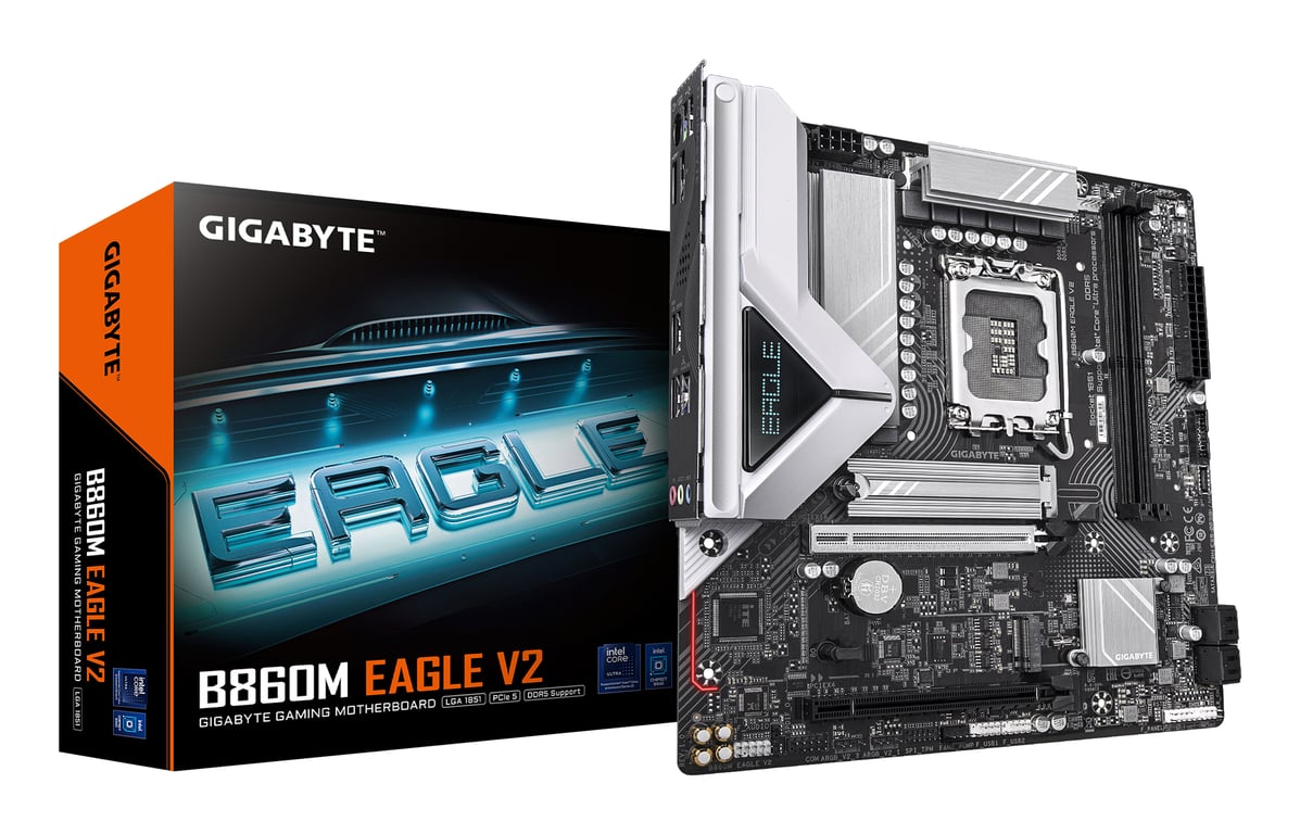 GIGABYTE B860M EAGLE V2 Carte mère Processeurs Intel Core Ultra Series VRM 6+1+2 phases jusqu'à 9066 MHz DDR5 1x .2 PCIe 5.0 + 1x .2 PCIe 4.0 LAN 2.5 GbE USB 3.2 Gen 1 Neuf