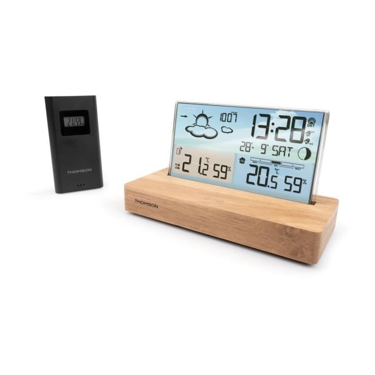 Réveil station météo - THOMSON - Bois clair - Affichage température, Hygrométrie, Double alarme, USB-C, Sonde sans fil - Neuf