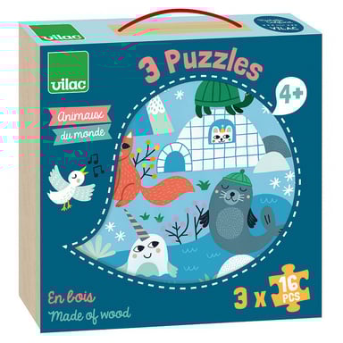 Juego de Puzzles de Madera Animales del Mundo - 3x16 Piezas
