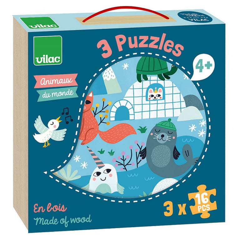 Coffret de Puzzles en Bois Animaux du Monde 3x16 Pièces Neuf