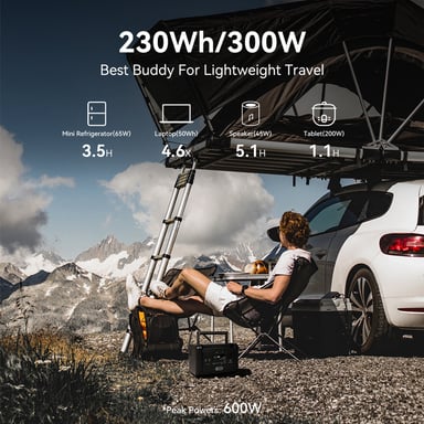 Estación de energía portátil Flashfish T300Pro, 300 W de potencia, 230 Wh de capacidad, batería de fosfato de hierro y litio.
