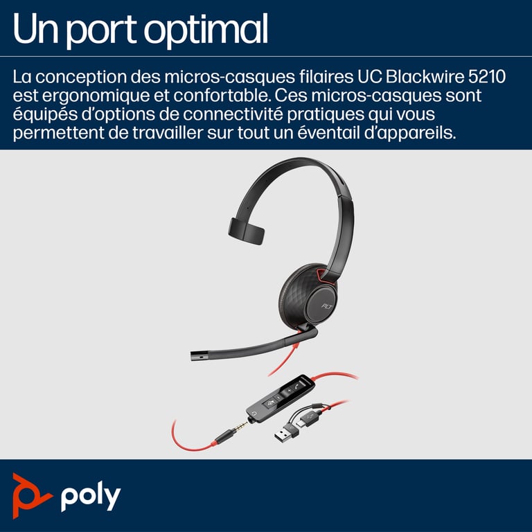 POLY Micro casque monaural USB C Blackwire 5210 + prise 3 5 mm + adaptateur USB CA lot Neuf