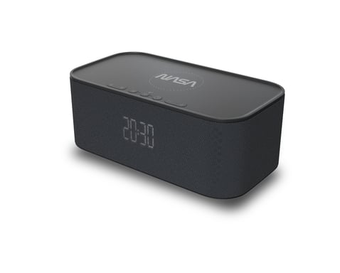 NASA Alarm Clock SPC800 - Radiosveglia, potente altoparlante Bluetooth, 10W RMS, 5W di ricarica wireless, doppio allarme, effetto stereo, luce LED, batteria al litio, orologio incorporato - Nero