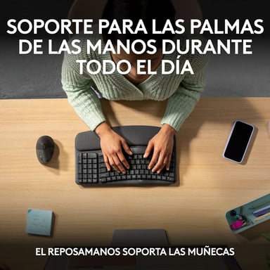 Logitech Wave Keys, teclado ergonómico inalámbrico con reposamanos acolchado, escritura cómoda y natural, Easy-Switch, Bluetooth, Logi Bolt, multisist
