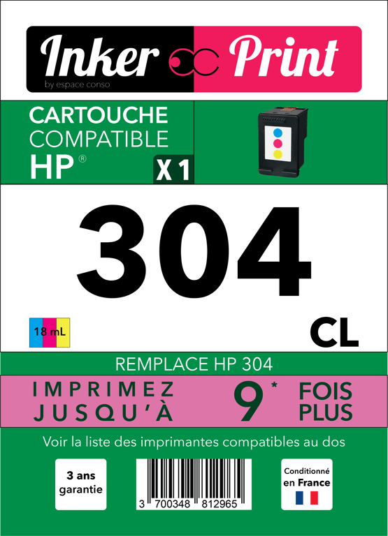 Cartouche d'encre recyclée compatible avec HP 304 XL (Couleur)