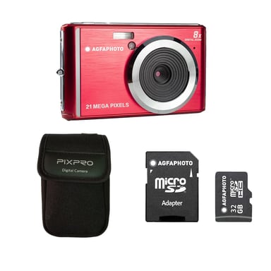 AGFAPHOTO Realishot DC5200 – Cámara Digital Compacta de 21 MP con Sensor CMOS, Pantalla LCD 2,4'', Zoom Digital 8×, Vídeo HD 720p + Tarjeta SD 32 GB + Funda Protectora – Rojo