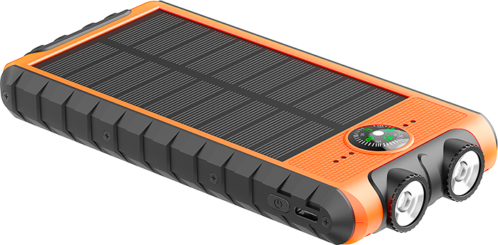 Powerbank Solaire 10000mAh 3 ports USB 2A+C Lampe torche, Dragonne et Boussole intégrés Orange/Noir Bigben - Neuf