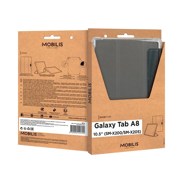 Coque de Protection pour Samsung Galaxy Tab A8 10.5 (SM-X205/ SM-X200),  Ultra Resistante et Polyvalente, Trépied, Passant Main et Porte-stylet,  Fabriquée en France, Noir - Mobilis
