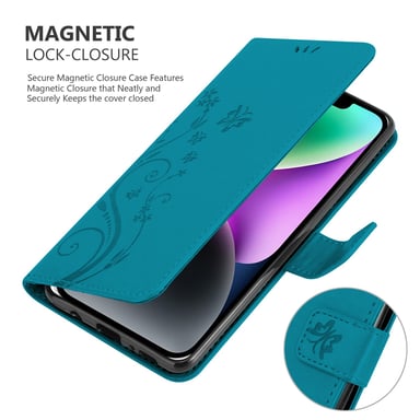 Coque pour Apple iPhone 14 en BLEU FLORAL Housse de protection Étui au design floral avec fermeture magnétique, fonction de support et emplacements pour cartes