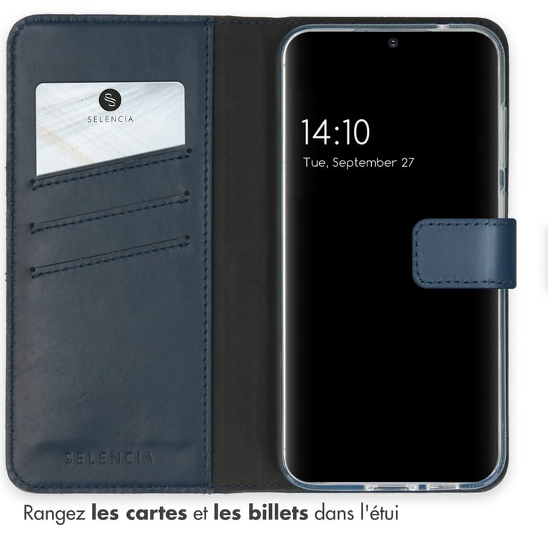 Selencia Étui portefeuille en cuir véritable pour Samsung Galaxy S23 FE - Bleu - Neuf