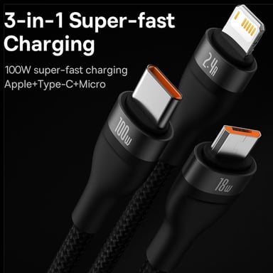 Baseus Flash Series 2 3 en 1 cable de carga rápida - USB-C a USB-C / Lightning / Micro-USB - 100 vatios - 1,5 metros - Negro