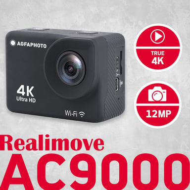 Agfa Photo Realimove AC9000 - Caméra Sport Action Cam 4K, Objectif Grand Angle 170°, Photo 12MP, Écran LCD 2.0'', Stabilisation Électronique, Boîtier Étanche 30m, WiFi, Batterie Lithium - Noir