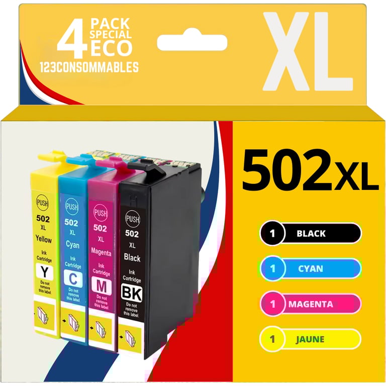 123CONSOMMABLES 502XL Cartouche d'encre Compatible pour Epson 502 pour Epson Expression Home XP 5100 XP5100 XP 5105 XP 5150 XP 5155 Workforce WF 2860 WF 2865 WF 2880 WF 2885 4 pack Neuf