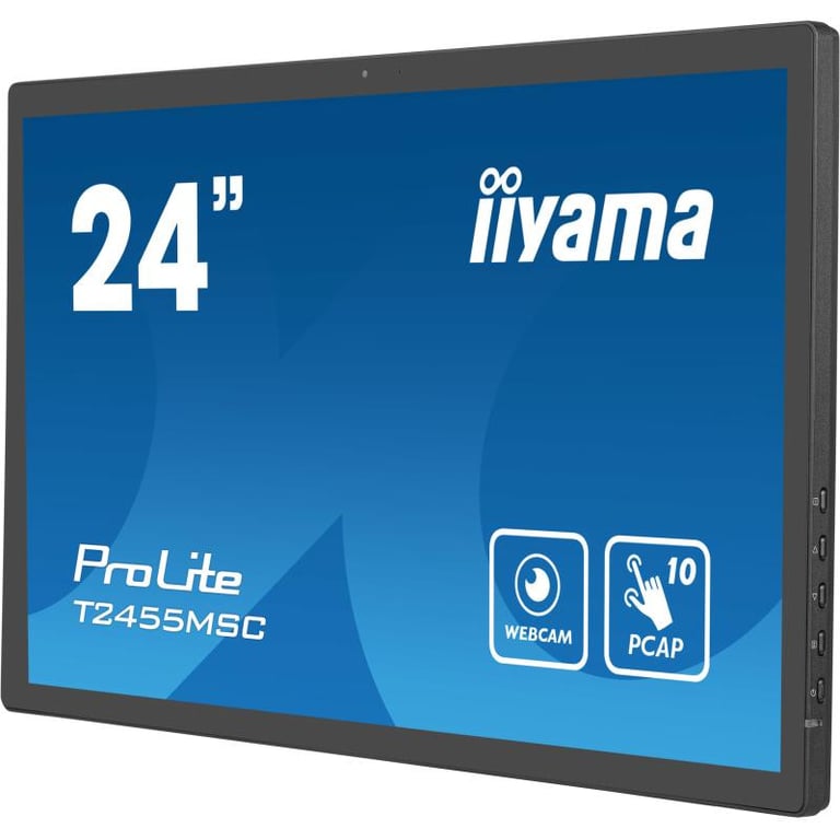 Ecran IIYAMA 24  Tactile PCAP conceptions en verre sans cadre  IPS 10points 1920x1080 5ms 400 cd/m2 1xDisplayport 1xHDMI HPs 2x1W 2xUSB / T2455MSC-B1 - Neuf