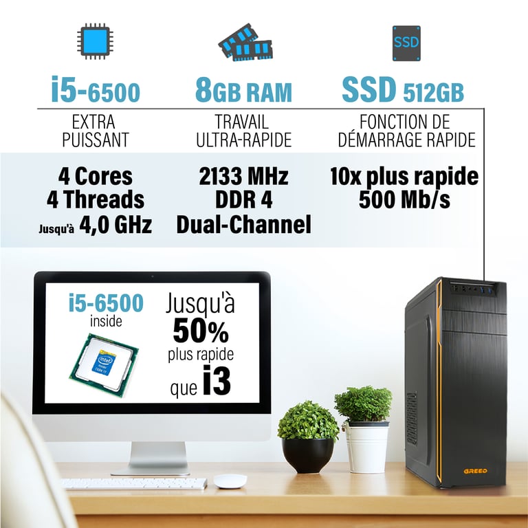 Basic 7 - Office PC / Ordinateur de bureau - Intel Core i5 6500 - Home Office Tour Computer avec 8GO DDR4 RAM - 3,6 GHz - 512 GO SSD - DVD+RW - USB 3.1 - WiFi - incl. Windows 11 Pro - Neuf