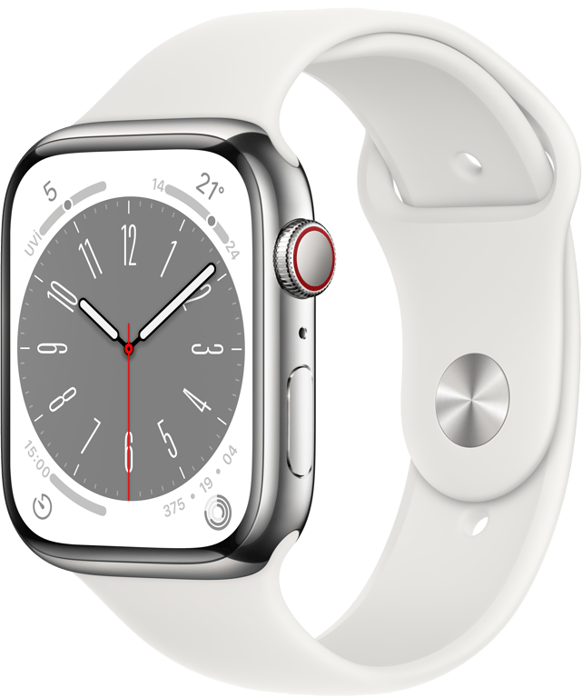 Apple Watch Series 8 OLED 45 mm - Boîtier en Acier inoxydable Argent - GPS + Cellular - Bracelet Spo