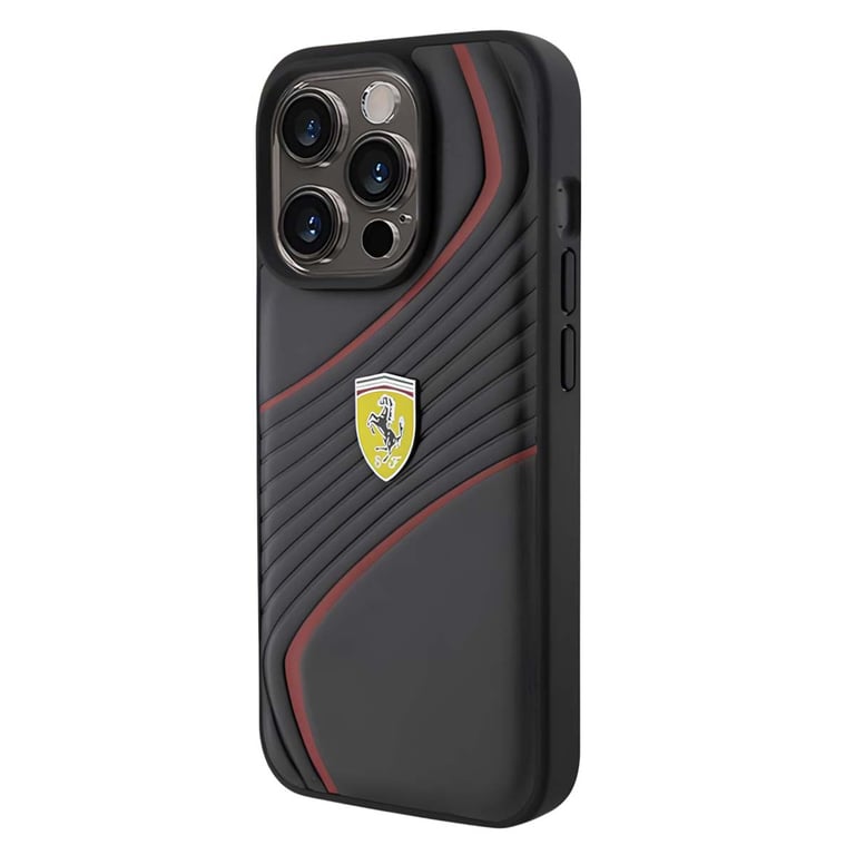 Ferrari Coque en Cuir pour iPhone 15 Pro avec Logo Twist Métal Noir & Rouge - vue 4