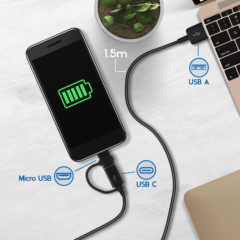Câble micro USB / USB type C vers USB 2 en 1 1.5m Original Samsung - vue 3