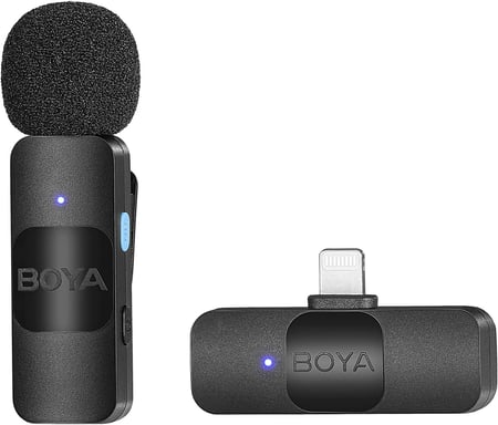 Boya V1 Microfono lavalier wireless, omnidirezionale, riduzione del rumore.