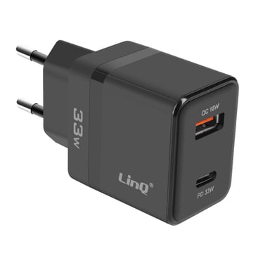 Chargeur Secteur USB-C 33W + USB 18W Charge Rapide Design Compact Noir
