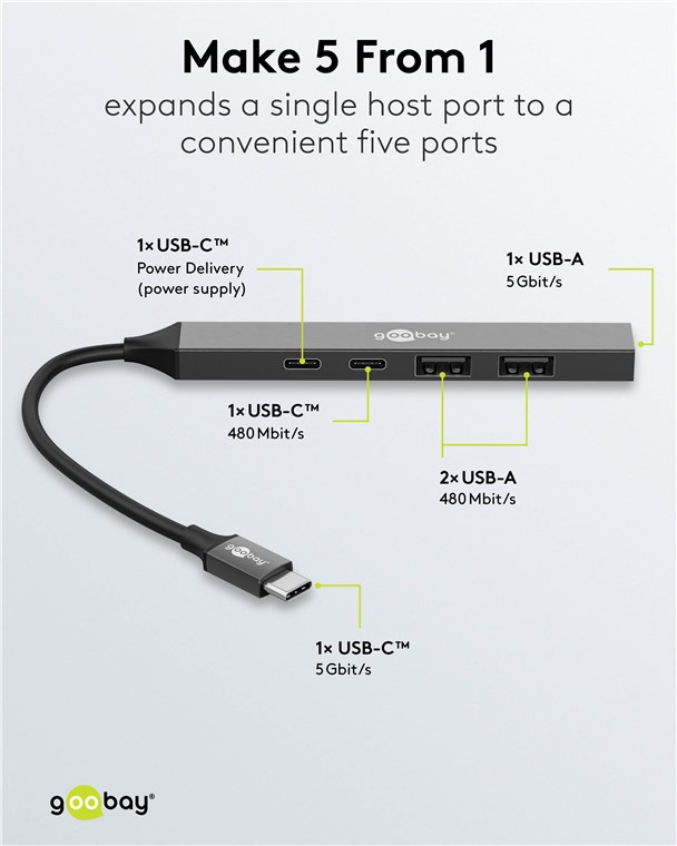 Goobay Hub Slim USB C vers 5 ports USB - vue 4