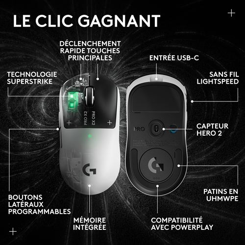 PRO X2 Superstrike - Souris gaming sans fil Logitech G PRO, Blanc/Noir - Neuf