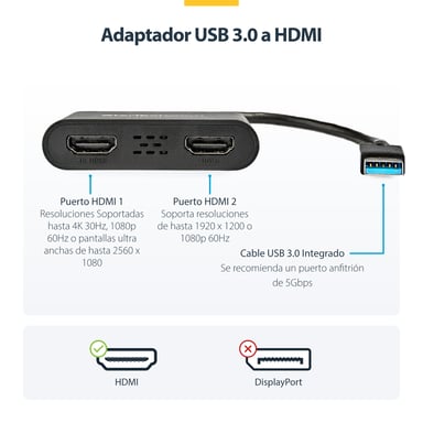 StarTech.com Adaptateur USB 3.0 vers Dual HDMI - 2x1080p / 1x4K 30Hz - Carte Graphique/Vidéo Externe - Adaptateur d'Affichage Double Écran USB Type-A vers HDMI - Uniquement Windows - Noir