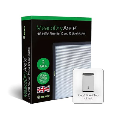 Filtro HEPA MeacoDry Arete H13, compatibile con deumidificatori da 10L e 12L, confezione da 3 filtri, elimina polvere, allergeni e particelle fini per un'aria più pulita.