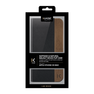 Coque clapet pour Apple iPhone XS Max, saffiano noir & bois de noyer naturel