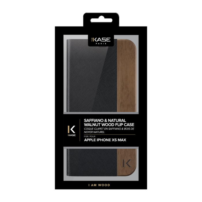 Apple iPhone XS Max clamshell, saffiano negro y madera de nogal natural