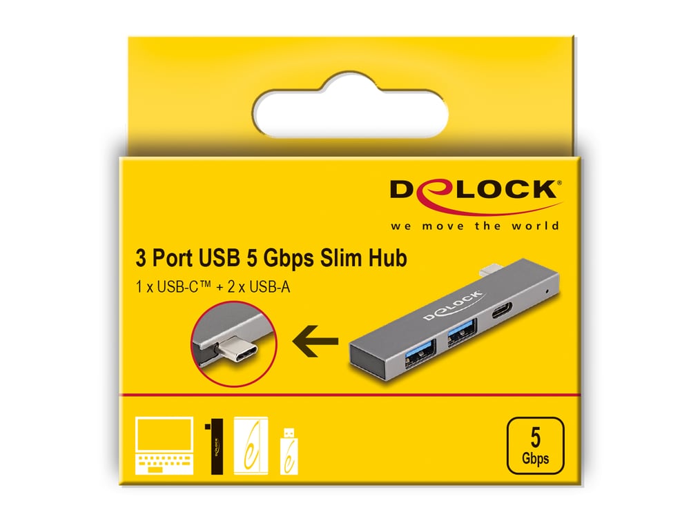 DeLOCK Hub 3 ports Slim USB avec USB Type C vers 1 x USB 5 Gbps USB Type C + 2 x USB 5 Gbps Type A Neuf - vue 3