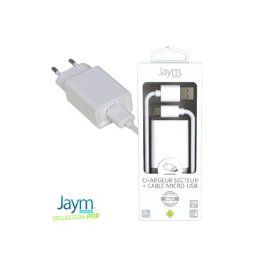 1 caricatore di rete USB 2,4A - 1,5 metri + cavo da USB a Micro-USB S - Collezione POP - Bianco