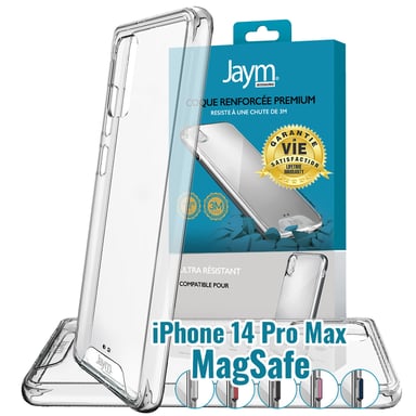 JAYM - Carcasa Ultra Dura Premium para Apple iPhone 14 Pro Max - Compatible con Magsafe - Certificada contra caídas desde 3 metros - Garantía de por vida - Transparente - 5 juegos de botones de colores incluidos