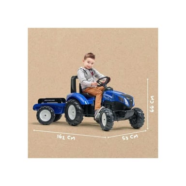 Tracteur à pédales FALK New Holland T8 Volant directionnel, remorque, siège réglable Bleu et noir Fabriqué en France