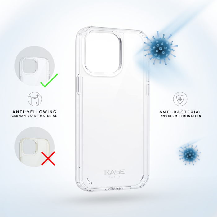 Coque antibactérienne antichoc hybride invisible pour Apple iPhone 15 Pro Max, Transparente