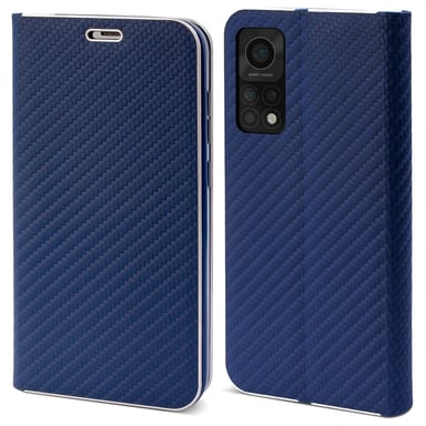 Moozy Étui Portefeuille pour Xiaomi Mi 10T 5G et Mi 10T Pro 5G, Bleu Foncé Carbone - Protection des Bords Métalliques Fermeture Magnétique Flip Cover avec Porte-Cartes