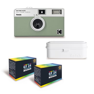 KODAK EKTAR H35 - Caméra Vidéo Demi-Format 35mm Réutilisable, Sans Mise au Point, Légère, Facile à Utiliser - Vert Sauge + 2 Pellicules 35mm Couleur  24 Expositions + Films case Blanc