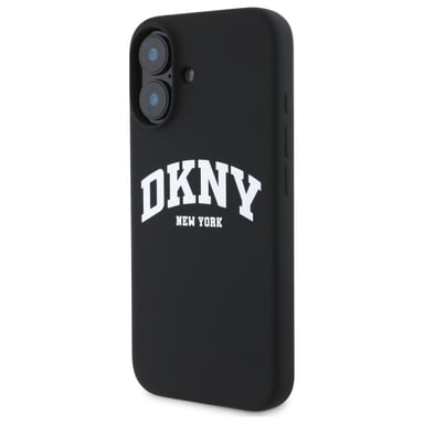 Étui DKNY pour iPhone 16 6.1'' noir étui rigide Silicone White Printed Logo MagSafe