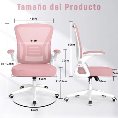 Silla de escritorio ergonómica con reposabrazos abatible 90° y soporte lumbar, silla de oficina con asiento acolchado-Rosa