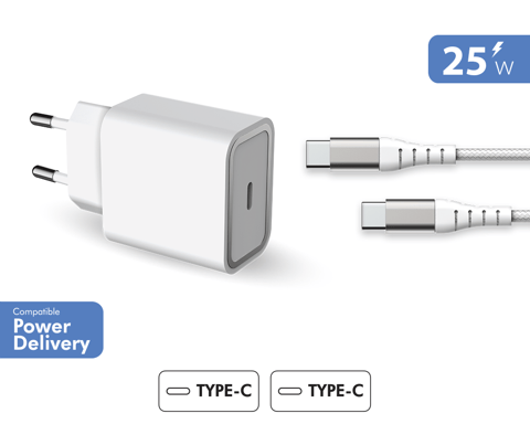 Kit Chargeur USB C 25W + Câble Renforcé USB C / USB C 1.2m Blanc + Garantie à vie Force Power Lite